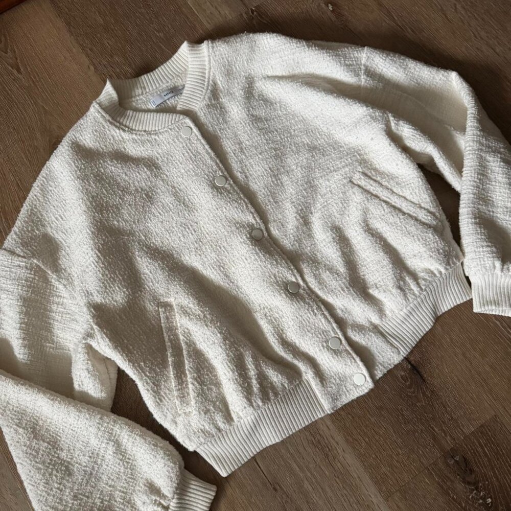 MNG White Cream Tweed White Bomber Jacket size medium